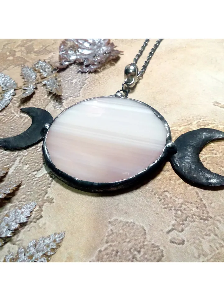 Hecate necklace, Moon Goddess, Stained glass moon, Moon phase necklace, Stainglass pink moon crescent, Full moon pendant