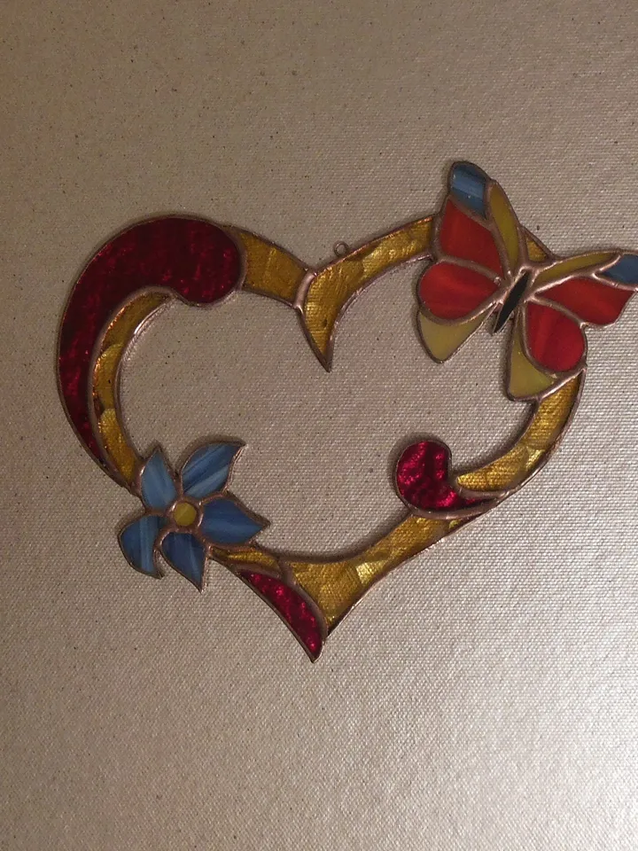 Valentine Heart with Flower and Butterfly . Red Yellow Blue . Art Stained glass window hanging Suncatcher