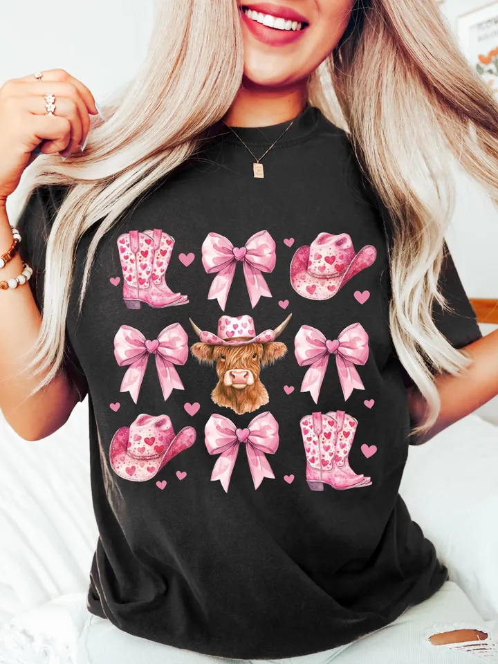 Howdy Valentine Coquette png, Valentines Cow print png, Valentines Sublimation PNG, Pink Cowgirl png, Vday shirt designs, Coquette bow png