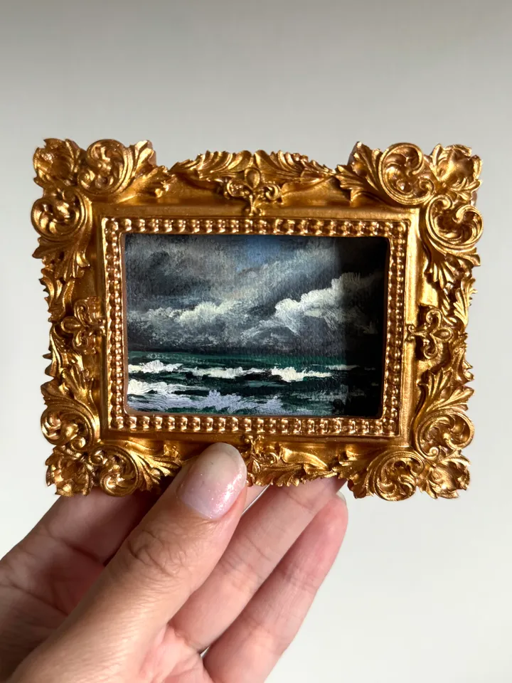 Small Landscape Acrylic Painting Framed Original Stormy Coast Painting Antique Ocean Art Gold Frame Tiny Paintings 3 x 4 Wave Art