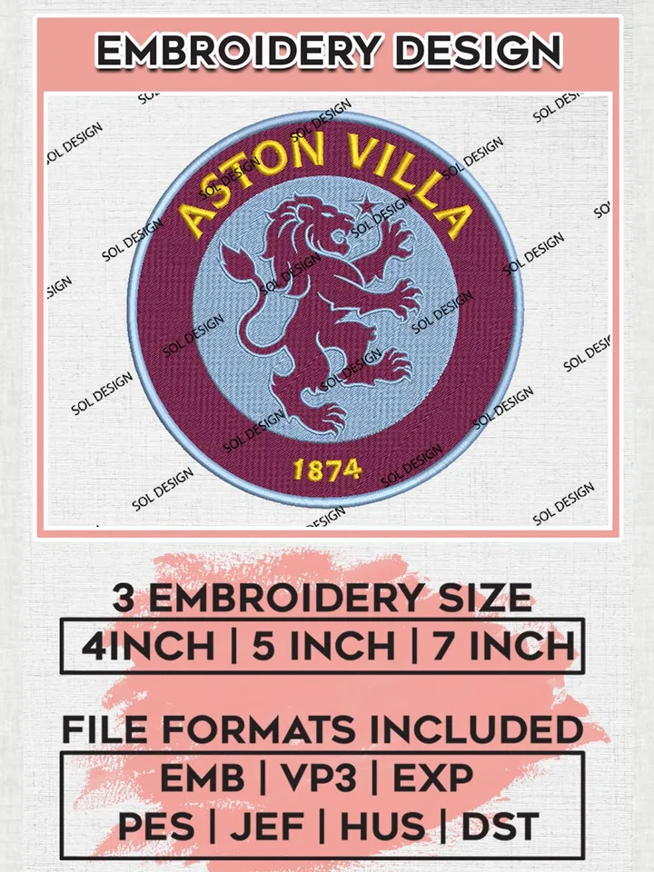 Aston Villa Machine Embroidery Design Files, Premier League Embroidery files, EPL Aston Villa Teams, Football, Digital Download