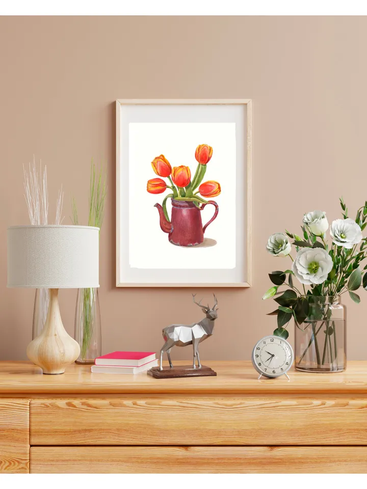 Tulip Painting Watercolor Vintage Still Life Painting Tea Lovers Watercolor Print Floral Tulip Wall Art Farmhouse Painting Red Floral Art t