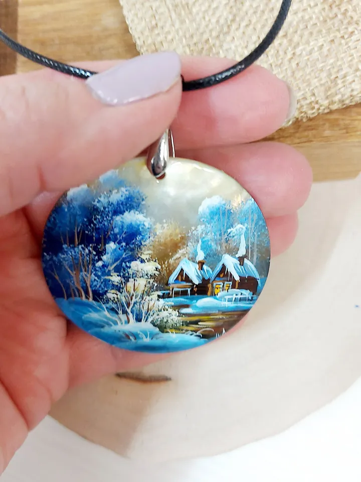 Nice Pendant Winter landscape. Village. Mother-of-pearl Russian hand painting. Hand-painted necklace pendant. Miniature painting