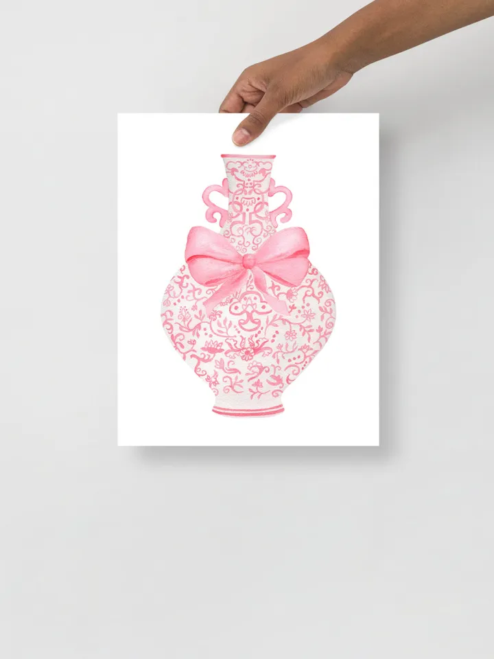 Pink Chinoiserie Ginger Jar With Bow, Watercolor Painting, Pastel Wall Art, Pink Bow Art, Nursery Wall Art, Preppy Pink Bow, Chinese Print