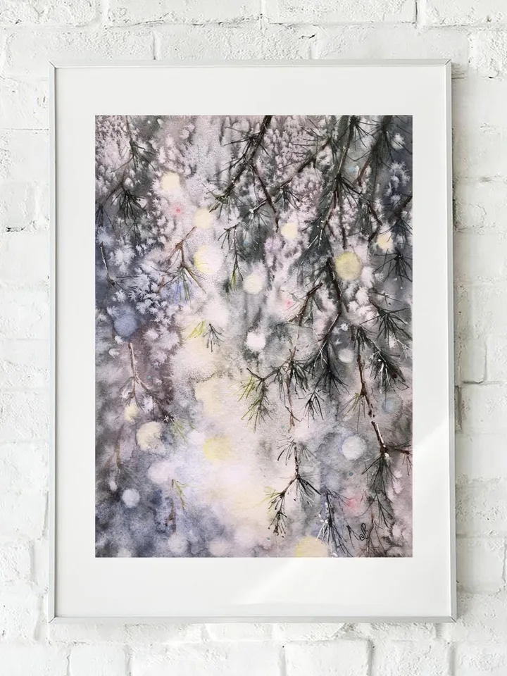 Forest Original Painting Trees Wall Art Winter Watercolor Painting