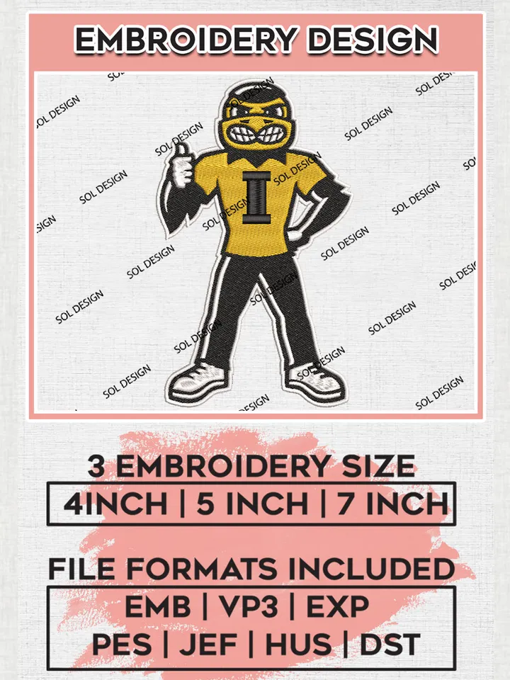 Iowa Hawkeyes Team Funny Mascot Logo Embroidery Design Files, NCAA Iowa Hawkeyes Machine Embroidery, NCAA Teams, 3 sizes, NCAA Machine embroidery designs, Digital Download