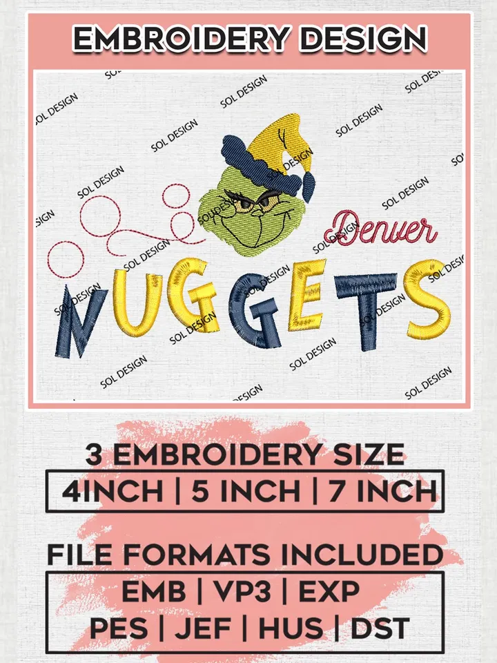 Grinch Denver Nuggets Embroidery Designs, Grinch Christmas Embroidery Files, NBA Denver Nuggets Machine Embroidery Designs, NBA Nuggets Logo, NBA Christmas Machine Embroidery Design, Digital Download