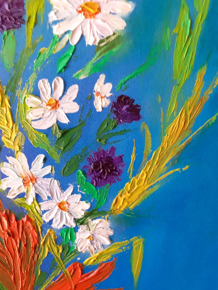 Oil Painting Bouquet of Wildflowers Flowers Nature Stretched Canvas 20x16 inches 50x40 cm Wall Decor