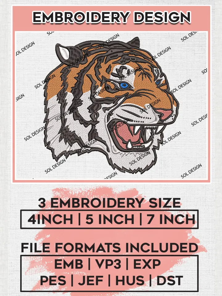 NCAA Tennessee State Tigers Team Head Mascot Logo Embroidery Design Files, NCAA Tennessee State Tigers Machine Embroidery, NCAA Teams, 3 sizes, NCAA Machine embroidery designs, Digital Download
