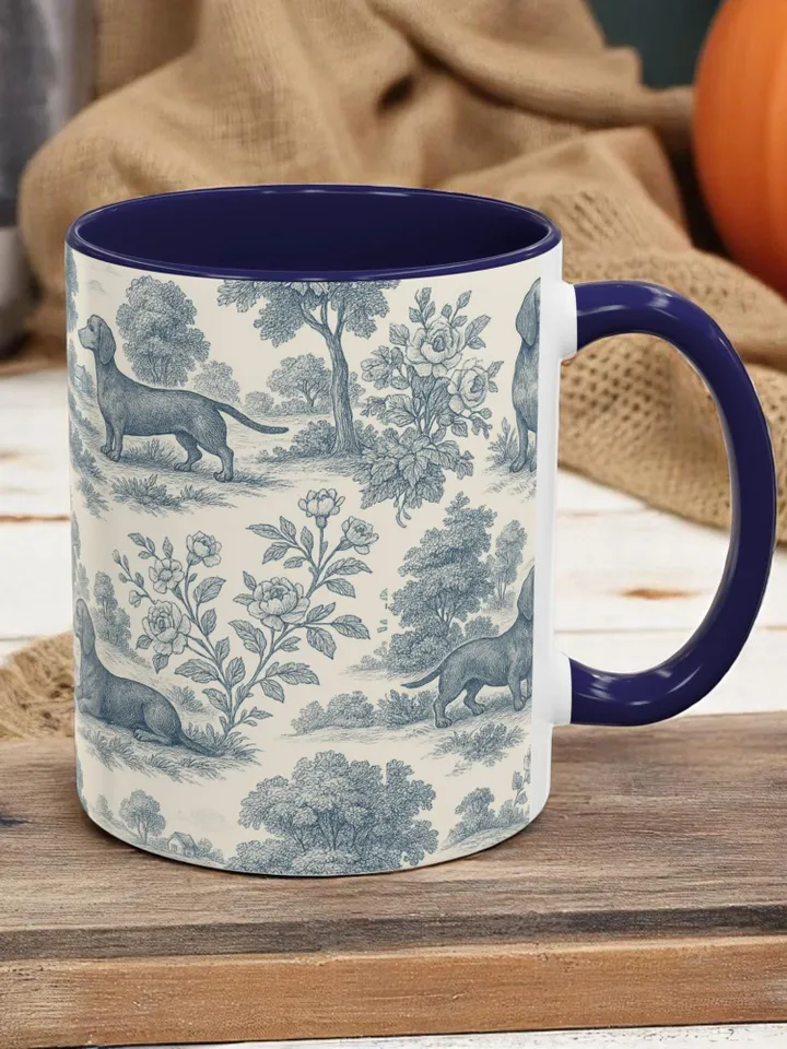Dachshund French Toile de Jouy Mug, Blue Toile Coffee Cup for Doxie Mom, Sausage Dog Lover Gifts, Dog Tea Drinkware, Gift For Dog Lovers