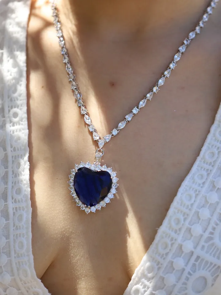 Cubic Zirconia Titanic Necklace Heart of Ocean Heart Blue Full Diamond CZ Wedding Anniversary Jewelry Gift For Her Party Bridal Necklace