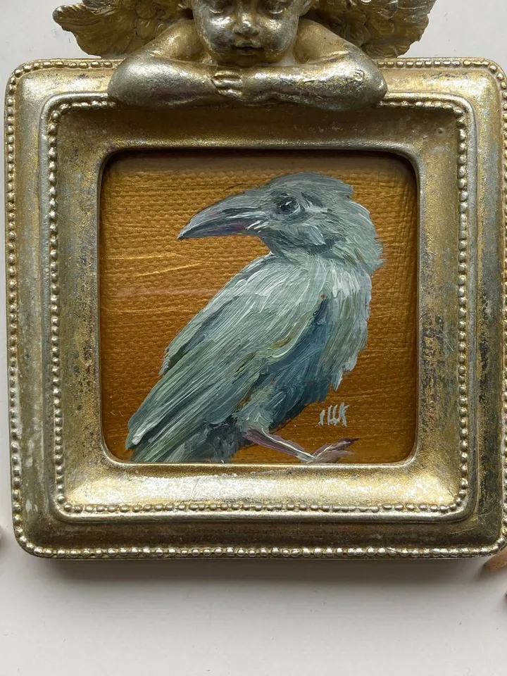 Framed Albino Raven Painting Small Original Witch’s Friend Artwork Crow Art Tiny Oil Painting Bird