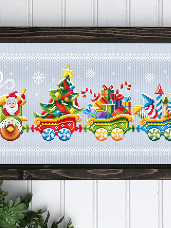 Christmas train cross stitch pattern PDF download Merry Christmas cross stitch, Winter holiday cross stitch chart, Santa train ornament #N96
