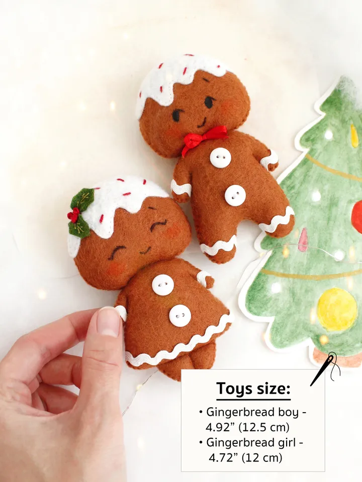 Felt gingerbread boy and girl hand sewing PDF tutorial with patterns. DIY Christmas tree ornaments. Soft toy pattern