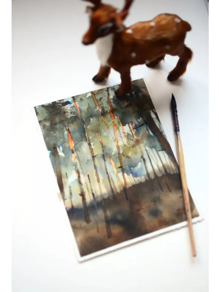 Pine forest small art Original watercolor painting by Yulia Evsyukova