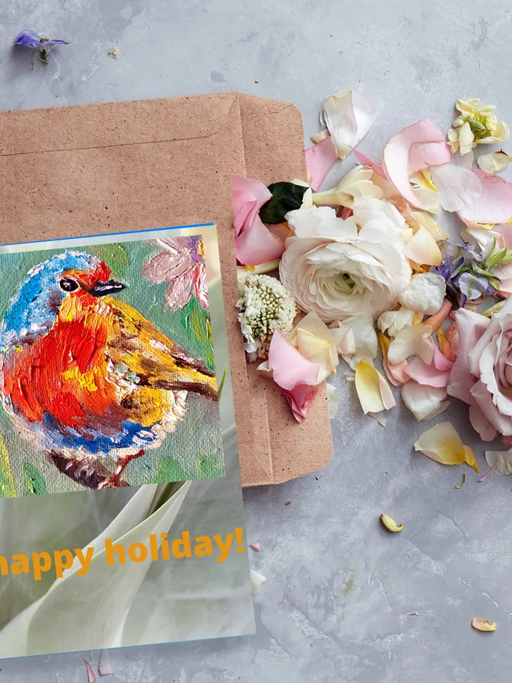 Digital greeting card, Bird and flower postcard, Happy Holiday E-card, Instant digital download