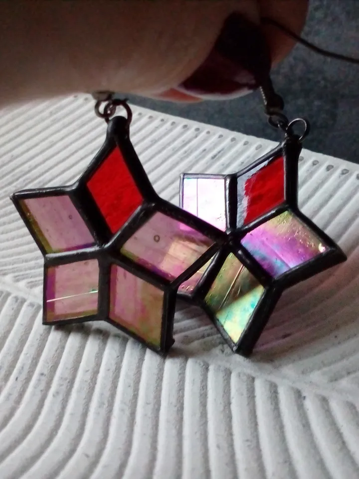 Star stained glass Iridescent earrings - Hoya flower geometric dangle earrings