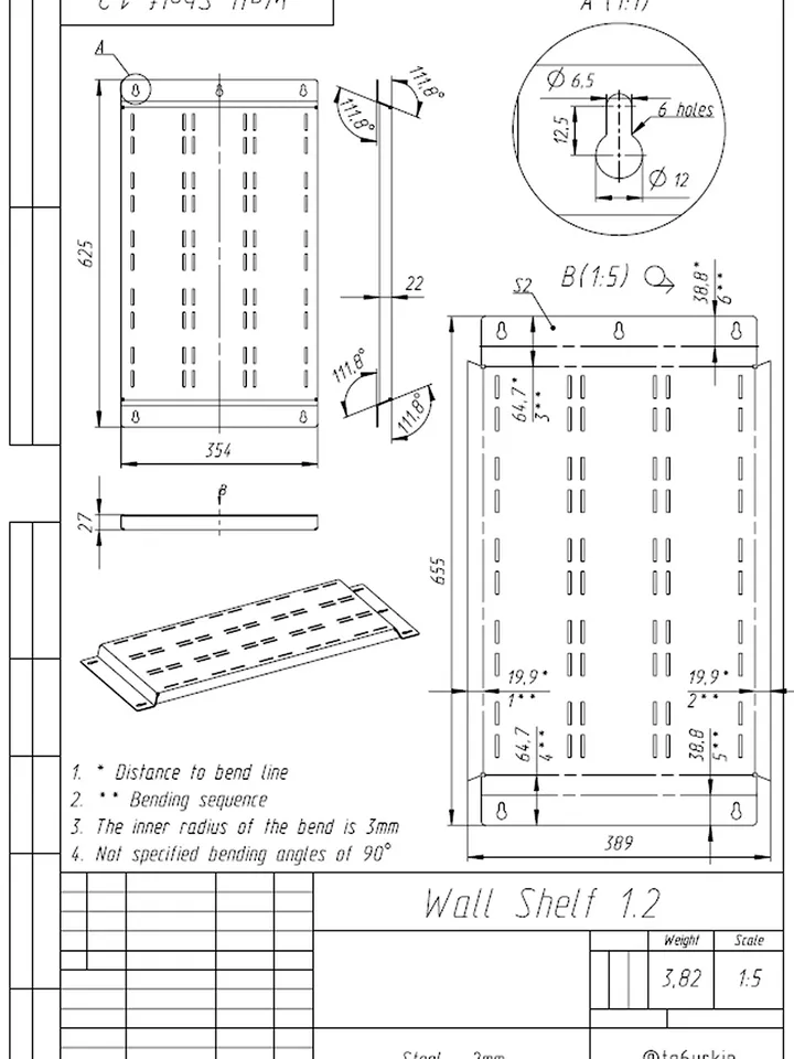 Sheet Metal Plans Drawings Wall Shelf 1 (DXF, PDF)