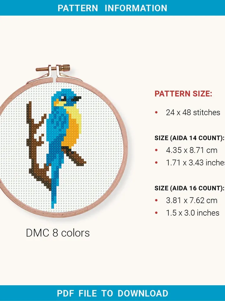 Mini cute blue bird Cross stitch patterns, contemporary bird, animals, beginner counted, modern chart, gift DIY, embroidery, instant PDF