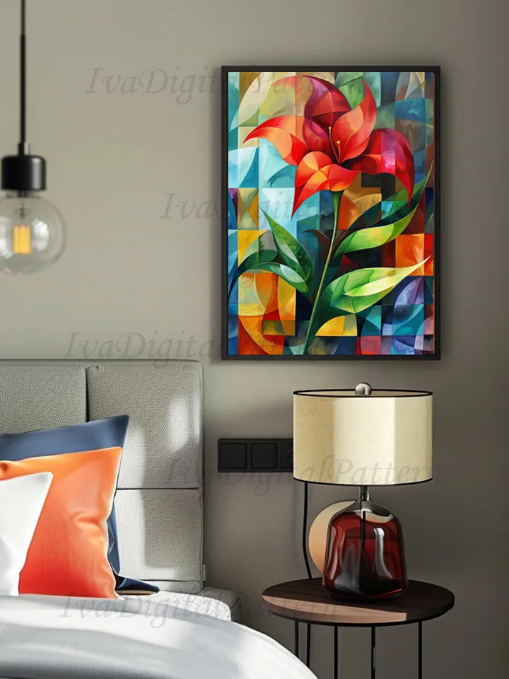 Digital Art Print Red Flower Abstractionism Cubism Mid Century , Modern Wall Art Decor, Prints, Instant Download