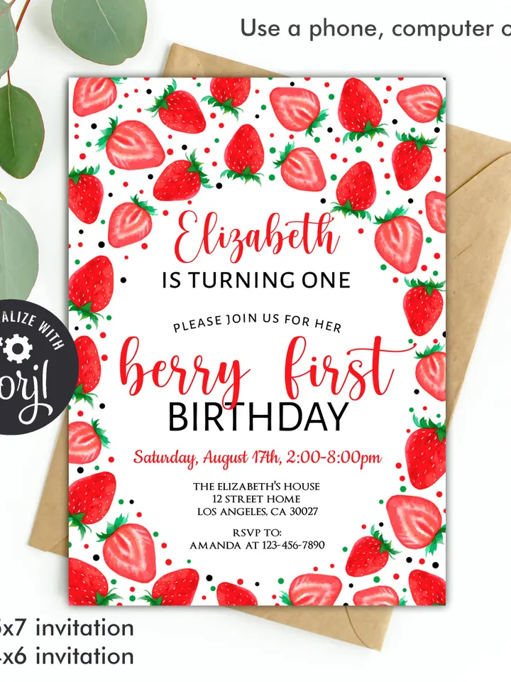 Berry First Birthday Invitation, Strawberry Birthday Invitation, 1st Birthday Invitation Girl, Summer Invitaton Editable Template