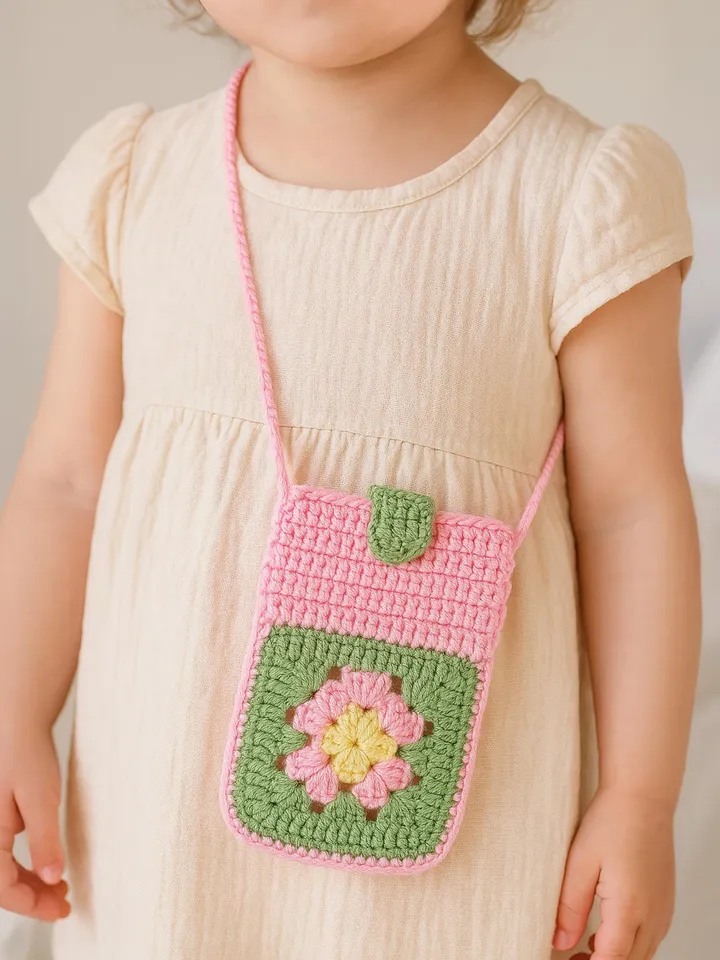 Granny Square Flower Crochet Phone Bag PDF Pattern – Cute Pink Green Crossbody Pouch Tutorial – DIY Floral Mobile Purse Pattern