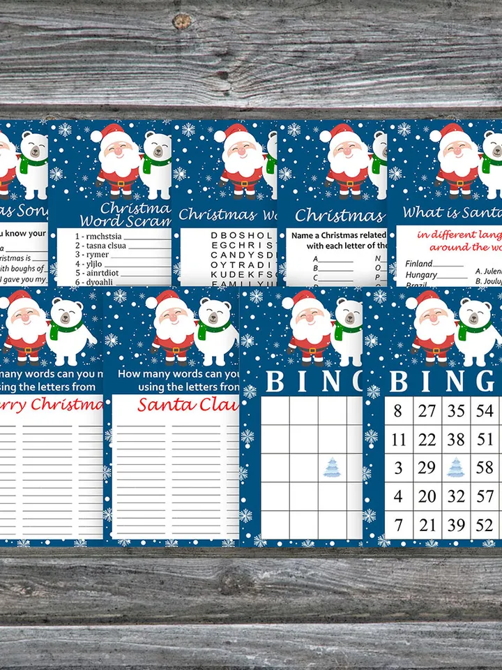 Christmas party games bundle,Printable Christmas Party Game Pack,Santa claus and polar bear Christmas Trivia Game Cards