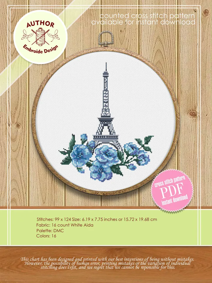 Spring cross stitch pattern PDF download Eiffel Tower beginner stitch Sakura flowers cross stitch Modern France embroidery Paris decor #E1