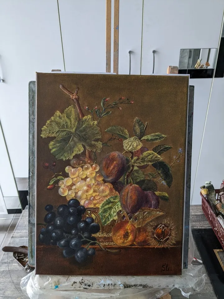 Still Life Oil Painting Grapes Chestnut Plums Reproduction Original Art 16x12 inches