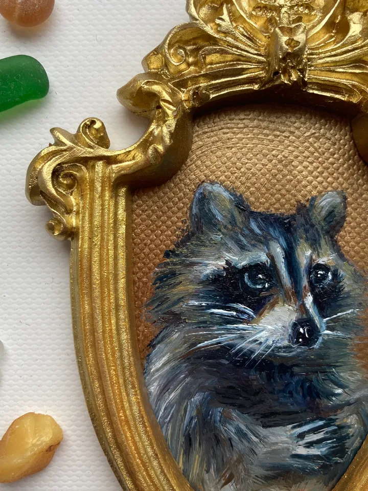 Raccoon Oil Painting Original In Vintage Style Frame Small Framed Animals Wildlife Art Arch Frame