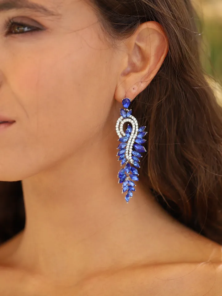 Art Deco Sapphire Blue Bridal Earrings, Blue Crystal Statement Wedding Earrings, Boho Earrings, Bridesmaids Earrings Crystal Drop Earrings