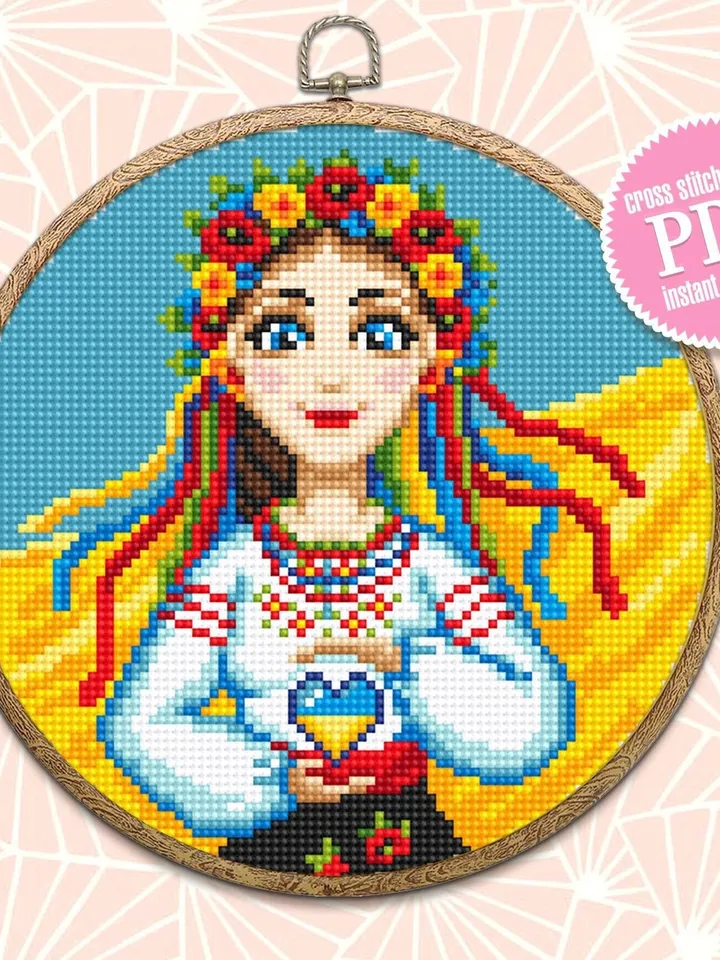 Ukrainian woman cross stitch pattern PDF Small ukrainian girl cross stitch Ukraine digital download Simple xstitch chart beginners #V15