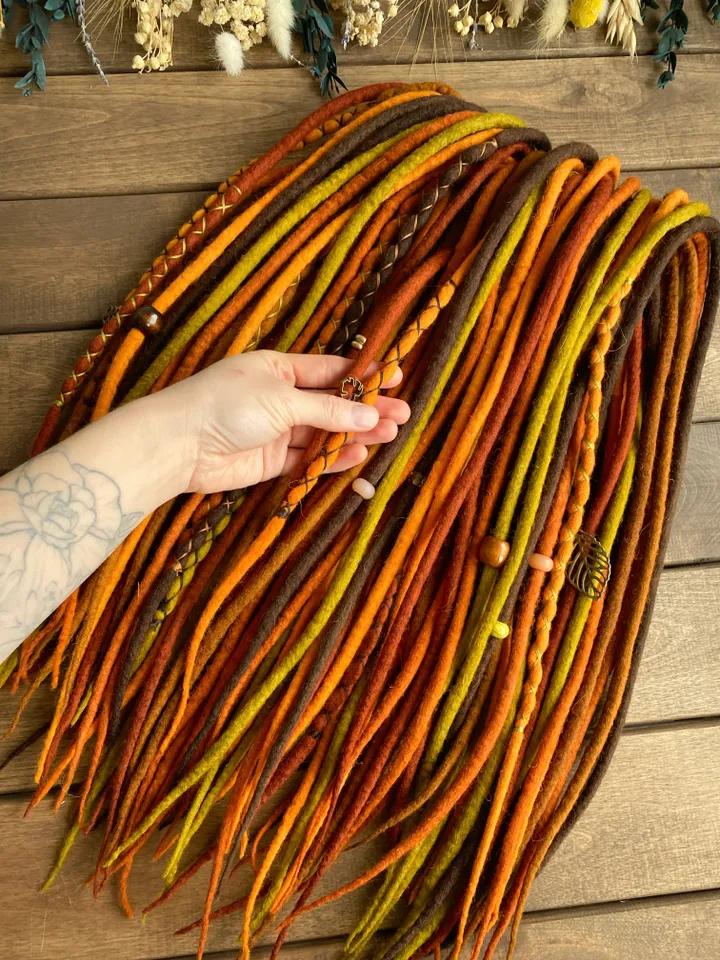 Wool Brown orange mustard green pumpkin, rust red copper Double Ended dreadlocks, Ready to ship