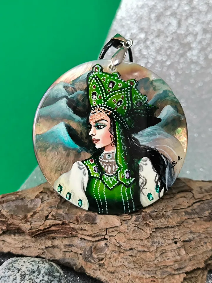 Pearl pendant necklace: Mistress of the Copper Mountain painted on elegant pendant. Russian cutie on handmade jewelry shell. Outstanding art
