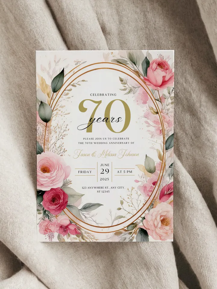 70th Anniversary Party Invitation, 60th, 50th, 40th, 30th, Blush Pink Canva Template 5x7 birthday invitation & evite digital invitation