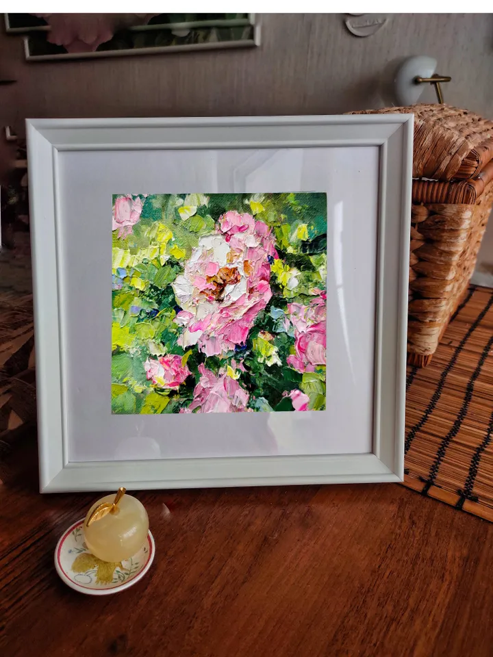 Pink Roses Flowers Original Oil Painting Wall Art Impasto Artwork Canvas Painting 6 by 6 inches by Natalia