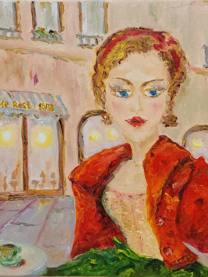 "Street cafe. Woman in red" oil painting on canvas 50x50cm (20x20 inch)