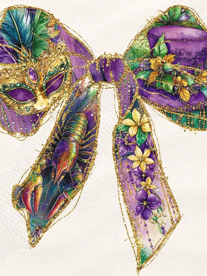 Mardi Gras Coquette Bow PNG, Coquette Mardi Gras Png, Fleur De Lis Png, Glitter, King Cake Png, Mardi Gras Beads PNG, Louisiana Crawfish Png