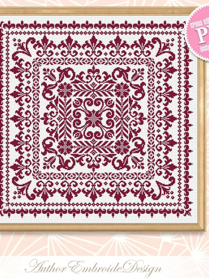 Square mandala cross stitch pattern PDF download, Floral ornament pattern for cross stitch pillow, Carpet counted cross stitch sampler #M202