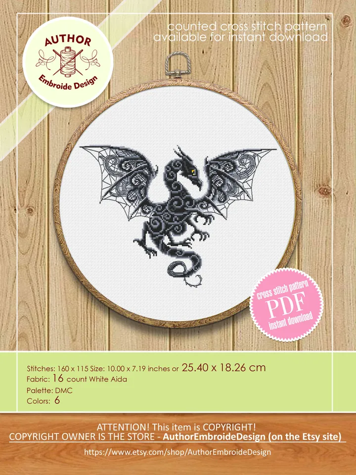 Dragon cross stitch pattern download PDF Fantasy animal cross stitch chart, Dragon embroidery PDF, Blackwork patterns, Gothic home decor #D8