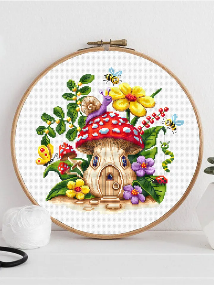 Magic mushroom house cross stitch pattern PDF download Fairy mushroom cross stitch chart, Summer flowers, Fly agaric Amanita, Butterfly #L66