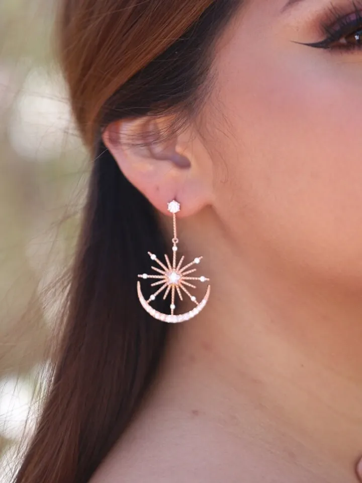 Rose Gold Star Boho Wedding Earrings, Swarovski Crystal Boho Bridal Earrings, Cubic Zirconia Bridal Jewelry, Celestial CZ Wedding Jewelry