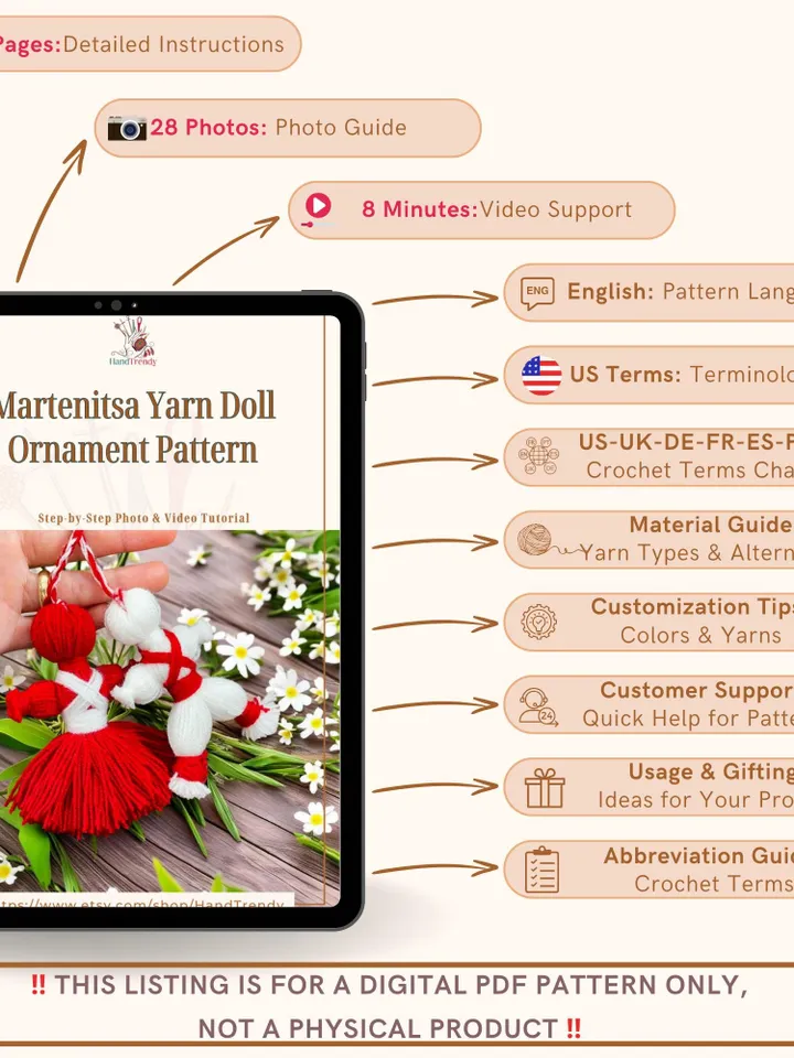 Martenitsa Yarn Doll Ornament Pattern, Baba Marta Crochet PDF tutorial, Traditional Bulgarian Spring Decor, Pizho and Penda Dolls