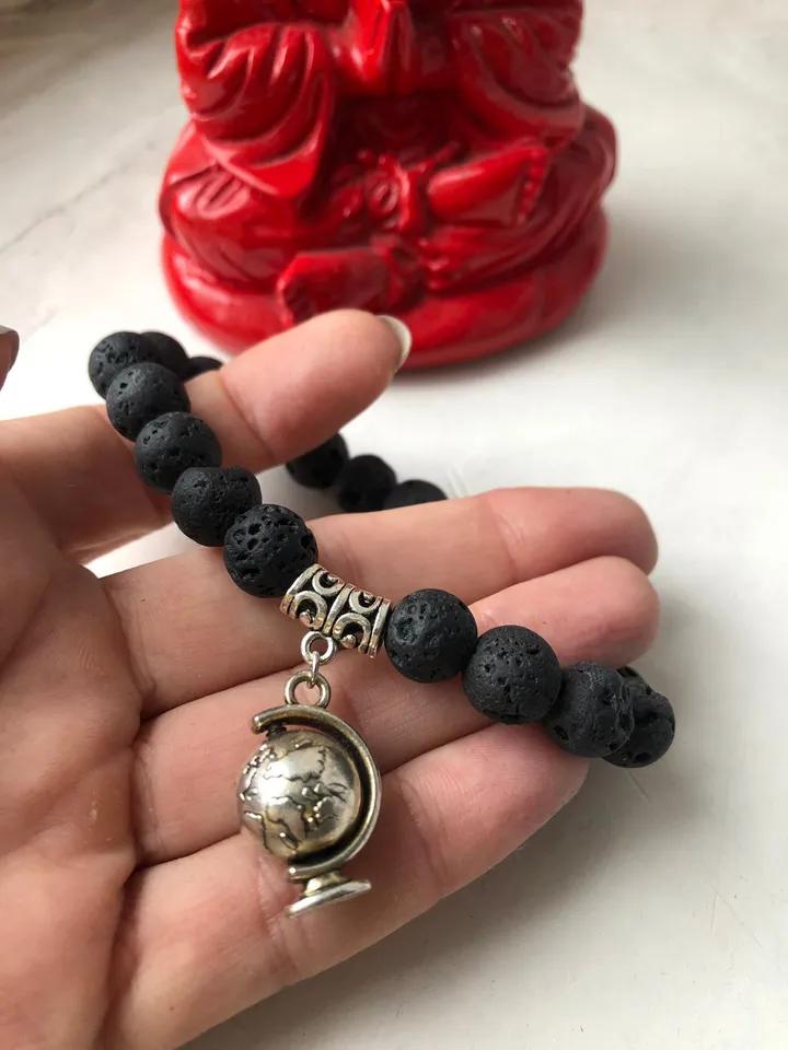 Lava Stone Globe Pendant woman handmade beaded bracelet | Gift for travellers | Spinning Pendant Jewerly | Bali Lava Jewerly Bracelet