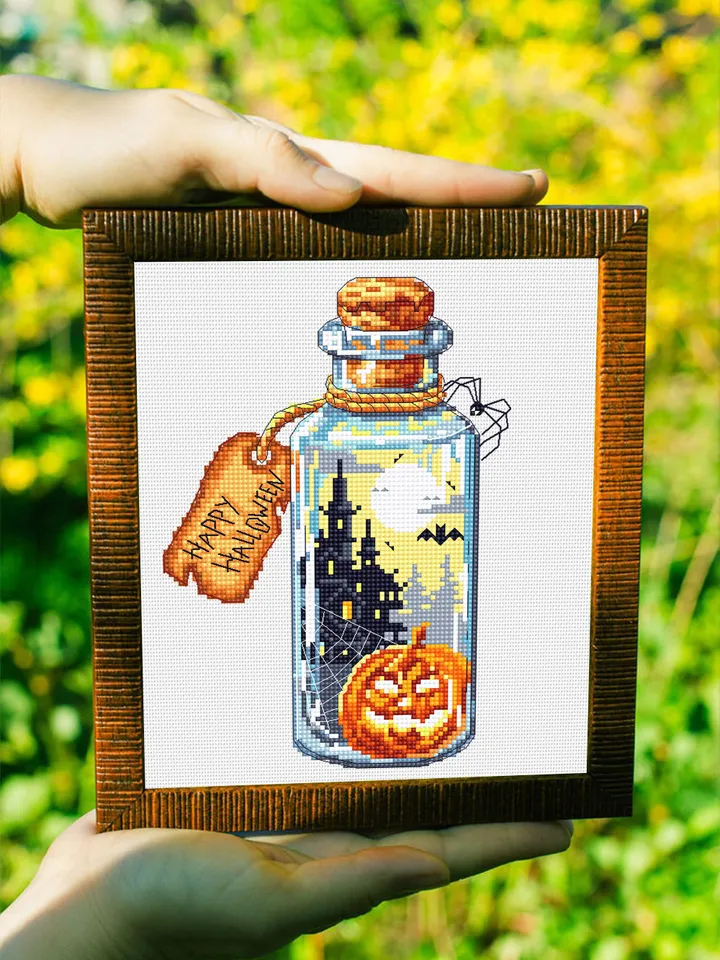 Halloween bottle cross stitch pattern download PDF Horror pumpkin xstitch chart Happy Halloween embroidery Spooky castle digital pdf #H29