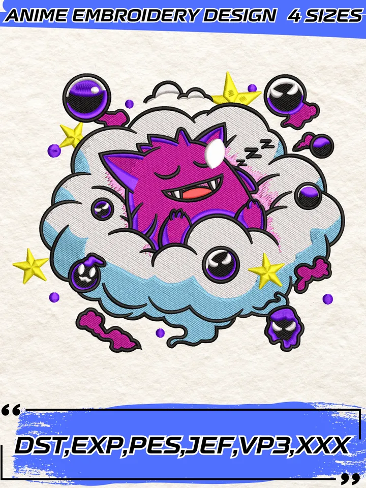 Pokemon Gengar Funny Embroidery Design,Gengar Sleep Machine Embroidery Digitized Pes File,4 Sizes, Instant Download