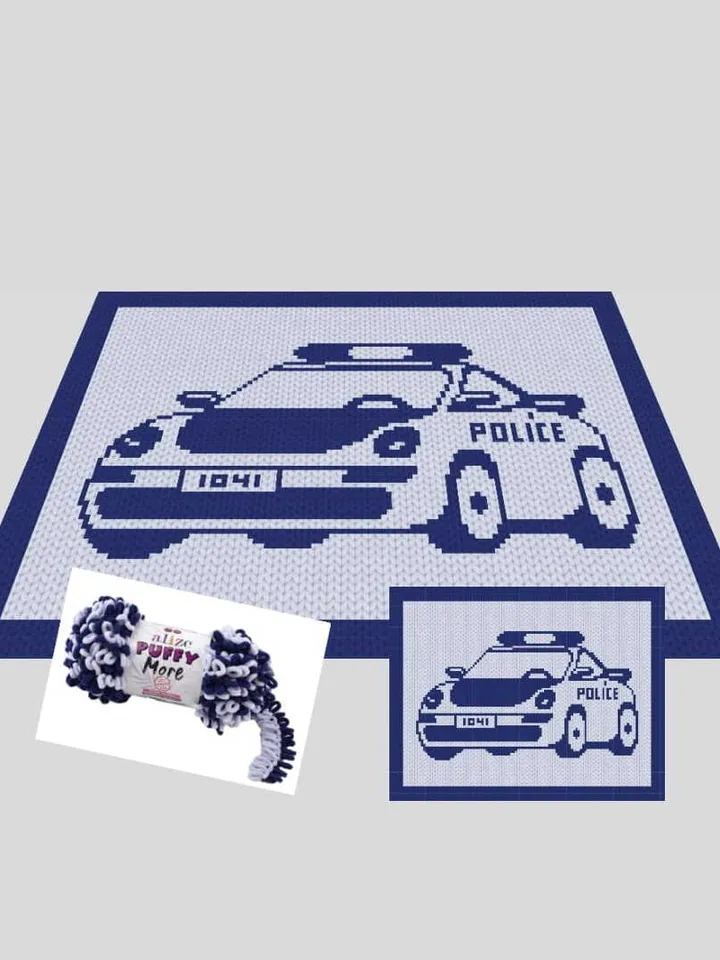 Loop yarn Finger knitted Police Car blanket pattern