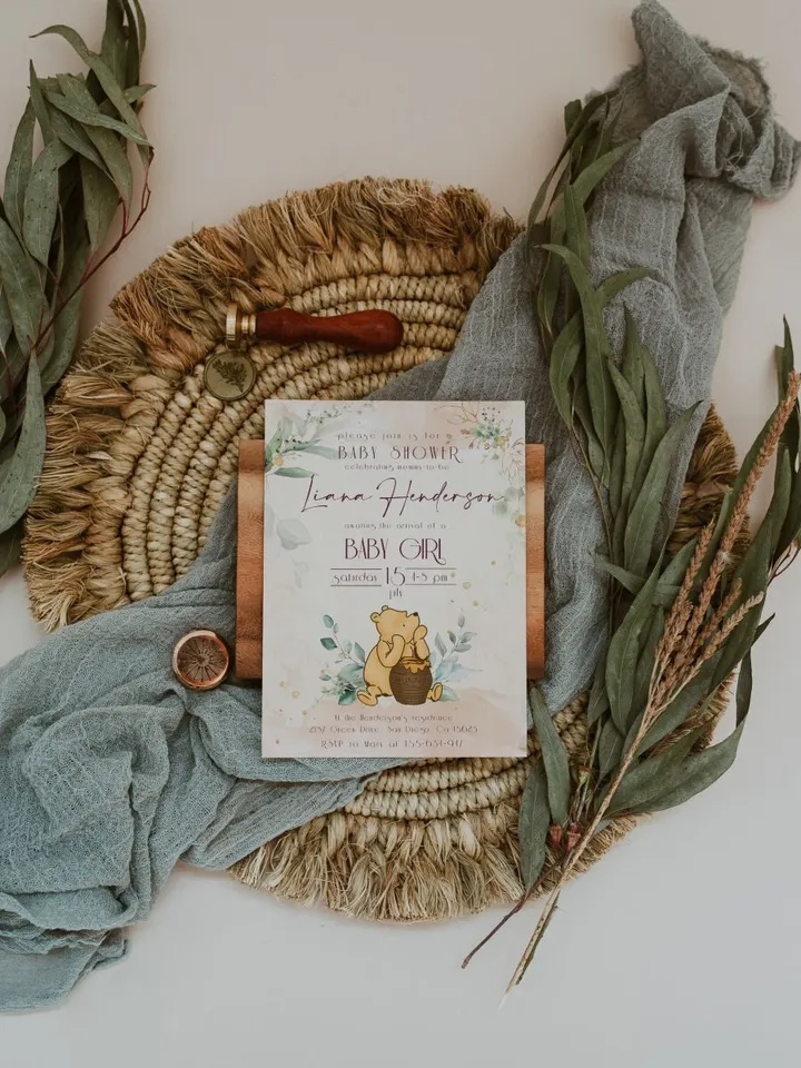 Classic Winnie Pooh Baby Shower Invitation; Girl Baby Shower Template; Gentle Rose Baby Shower Invite; Honey Bear Invite; Winnie Templat