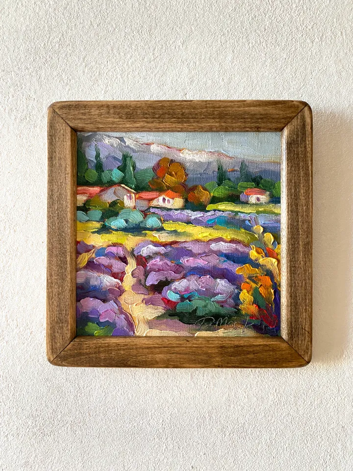 Lavender Fields Painting Tuscany Original Art Landscape Oil Painting Impasto Small Artwork 6x6 Tuscan Serenity Painting Wild Flowers