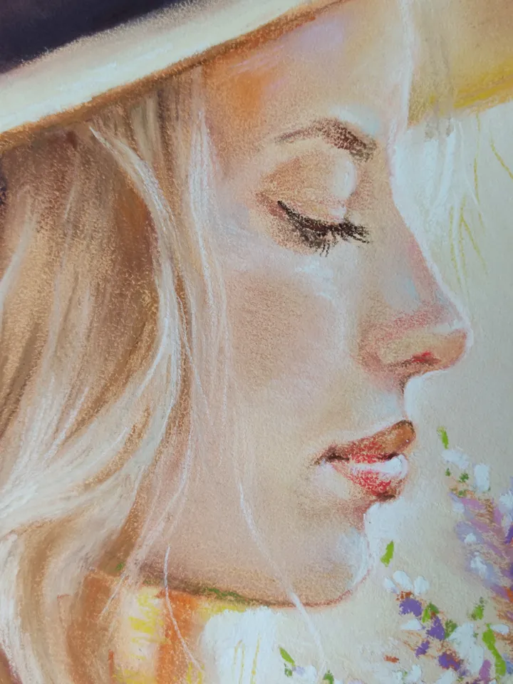 A Girl with a Bouquet of Lavender. Original soft pastel drawing.